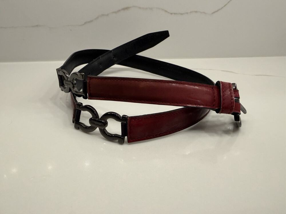 Salvatore Ferragamo Gancini Leather Belt Burgundy Black Gunmetal Made Italy